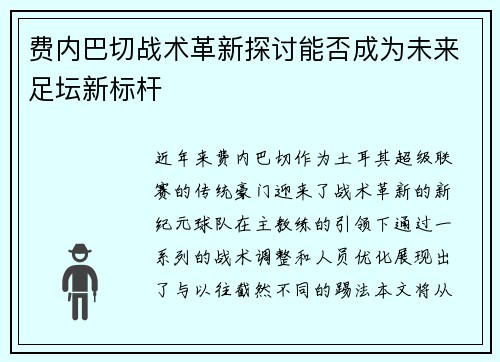 费内巴切战术革新探讨能否成为未来足坛新标杆 费内巴切战术革新探讨能否成为未来足坛新标杆