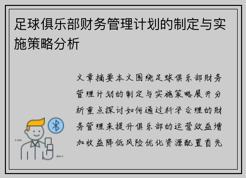 足球俱乐部财务管理计划的制定与实施策略分析 足球俱乐部财务管理计划的制定与实施策略分析